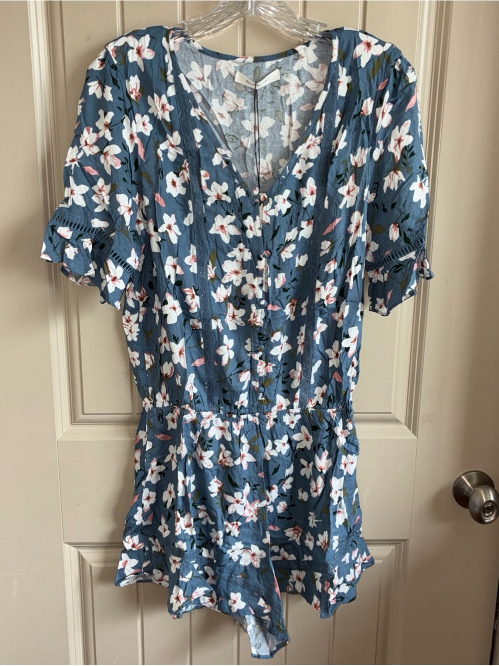 Mustard Seed Blue Floral Romper with White & Pink Accents
